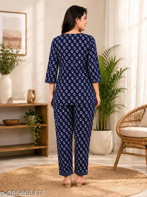 Blue Floral Co-ord Outfit – Rayon Top & Bottom Set