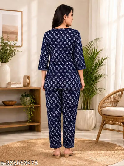 Blue Floral Co-ord Outfit – Rayon Top & Bottom Set