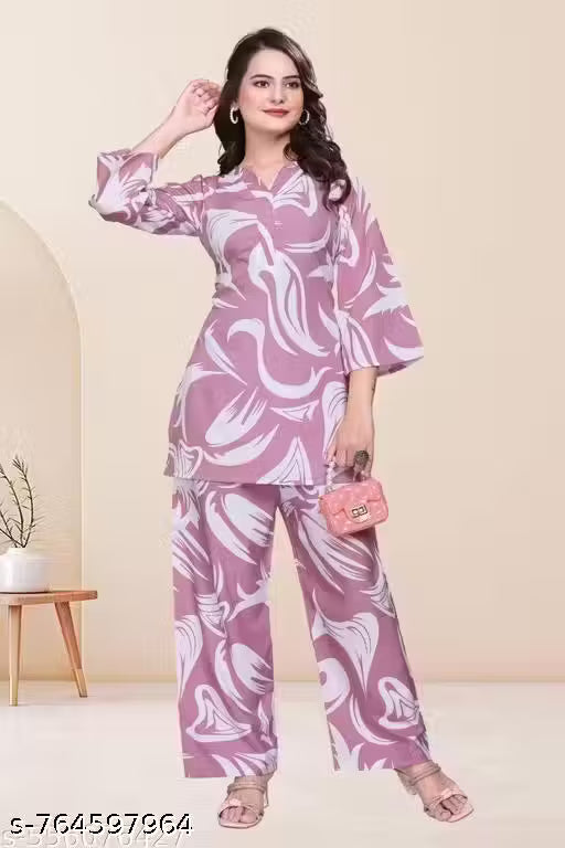 2-Set Women's Printed Crepe High-Low Kurta with Trousers | 2-Piece Ethnic Co-Ord Set for Daily & Festive Wear