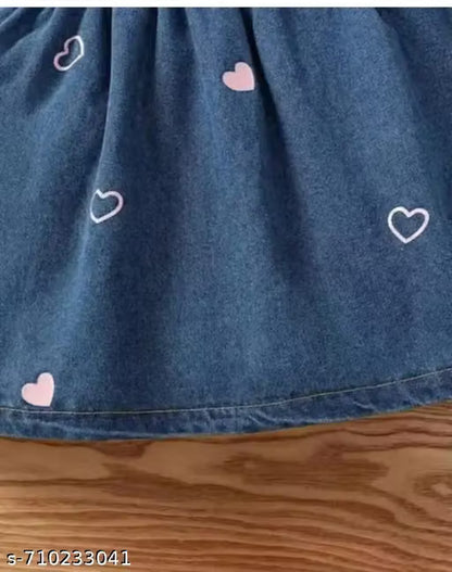 Baby Girls Denim Sleeveless Bow Dress with Heart Print