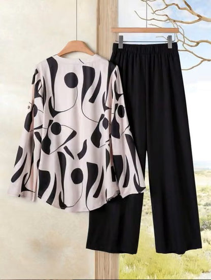 Women's Abstract Printed Flared Co-Ord Set | Stylish Viscose Rayon Top & Wide-Leg Pants