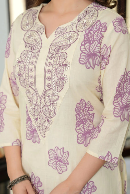Women's Purple Cotton Floral Printed Kurti | Embroidered Festive & Party Wear