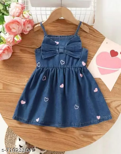 Baby Girls Denim Sleeveless Bow Dress with Heart Print