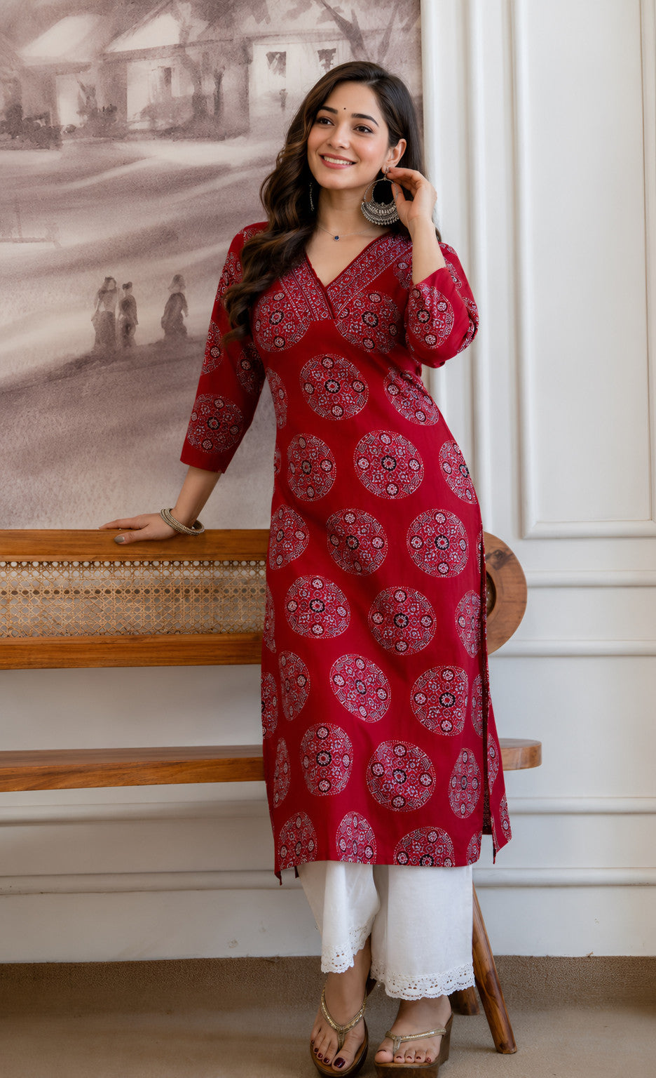 Hunaiza Printed Pure Cotton Straight Kurta for Women (Maroon)