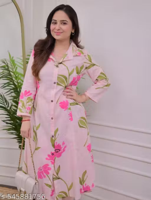 Women's Pink Floral Printed Kurta Set | Cotton Blend A-Line Kurta with Pants