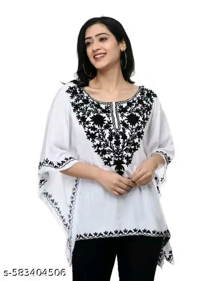 Stylish Women’s Ikat Print Rayon Slub Kaftan with Lace Border