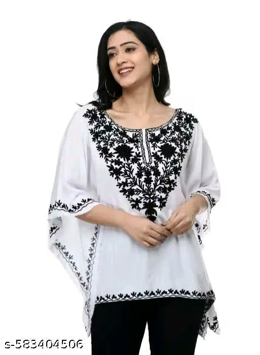 Stylish Women’s Ikat Print Rayon Slub Kaftan with Lace Border