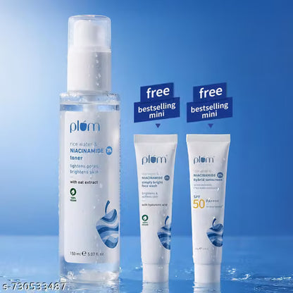 Plum Niacinamide Glow Combo – Toner 150ml + Free Sunscreen & Face Wash