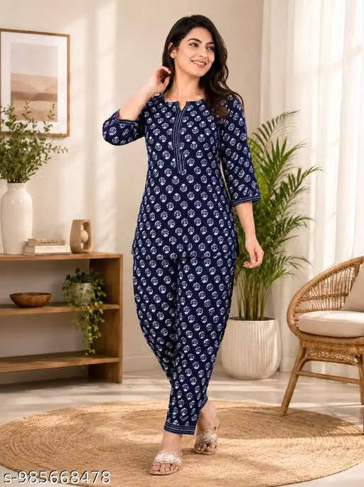 Blue Floral Co-ord Outfit – Rayon Top & Bottom Set
