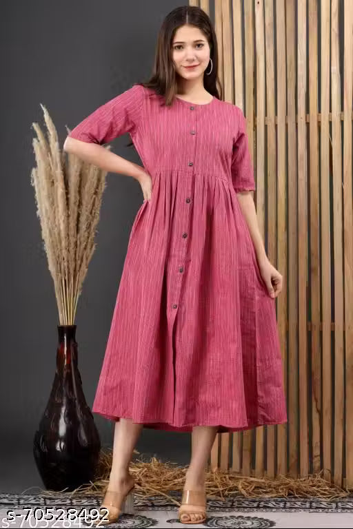 Chitrarekha Women's Cotton Pleated Front Slit Dress | Elegant Solid Casual & Everyday Wear